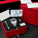 Montre cartier santos 2025, grand cadran vert, wssa0062, bracelet acier/cuir, coffret complet