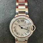 Montre cartier ballon bleu qtz 28 mm pour femme avec lunette sertie de diamants – coffret complet